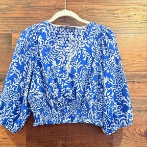 Zara Blue and White Eyelet Floral Blouse with Puff Sleeves